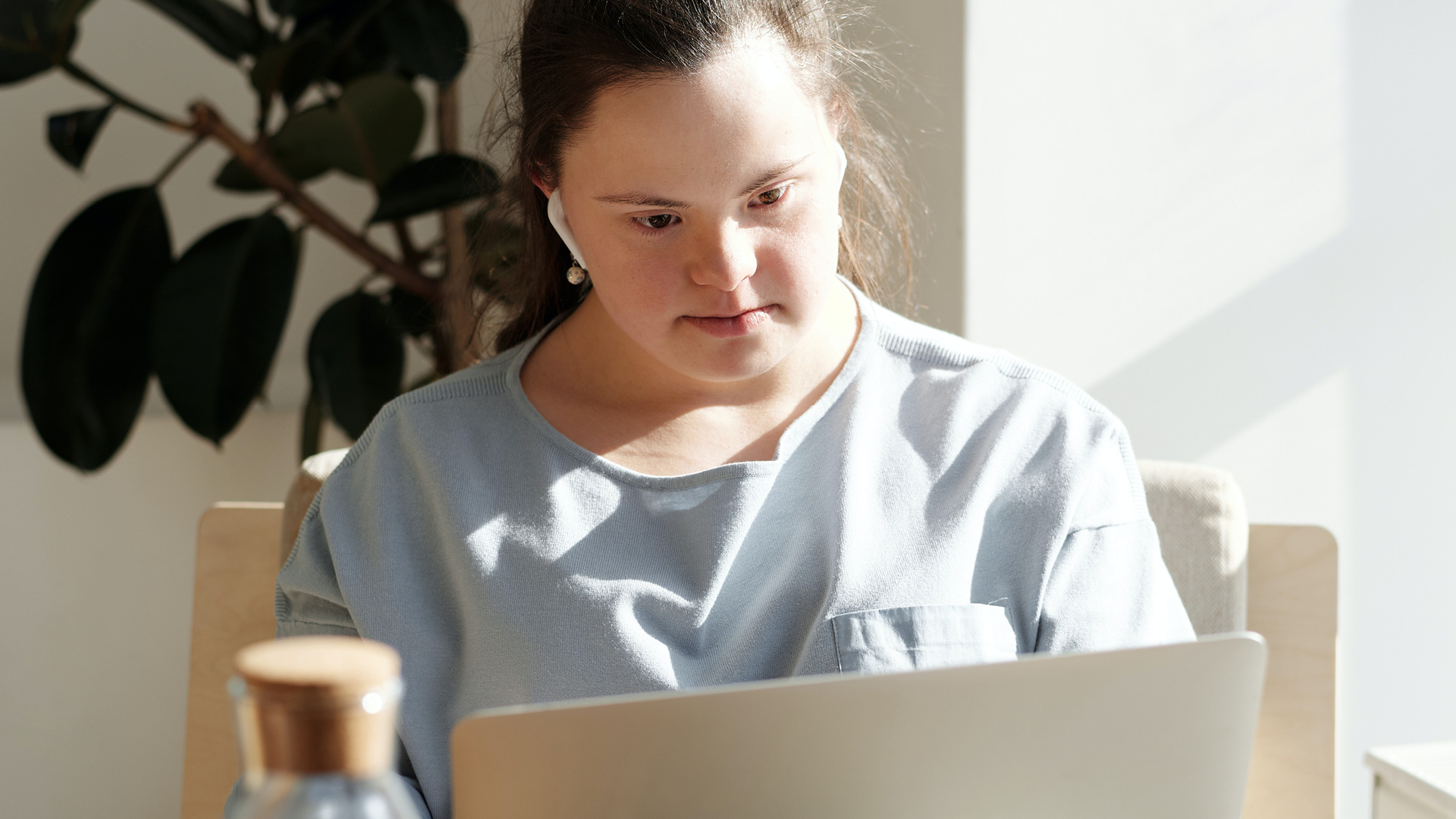 Student with earphones looking at their laptop with a large plant situated behind them.