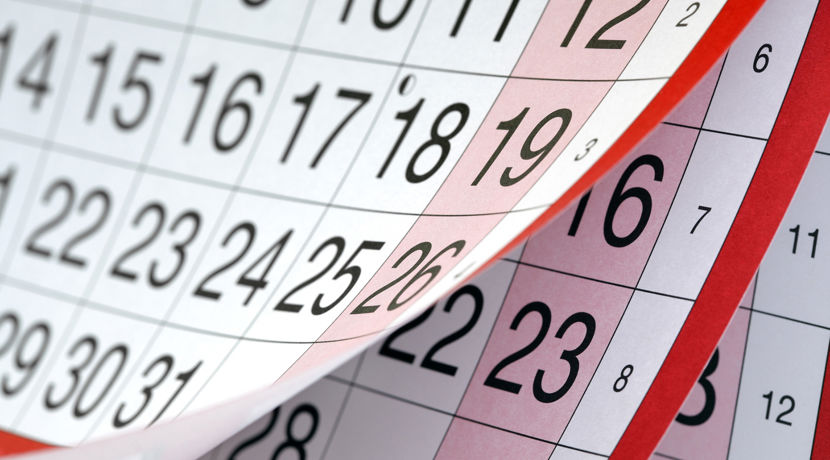 Pages in a calendar with large numbers for the dates with a red trim, some days are highlighted with red. 